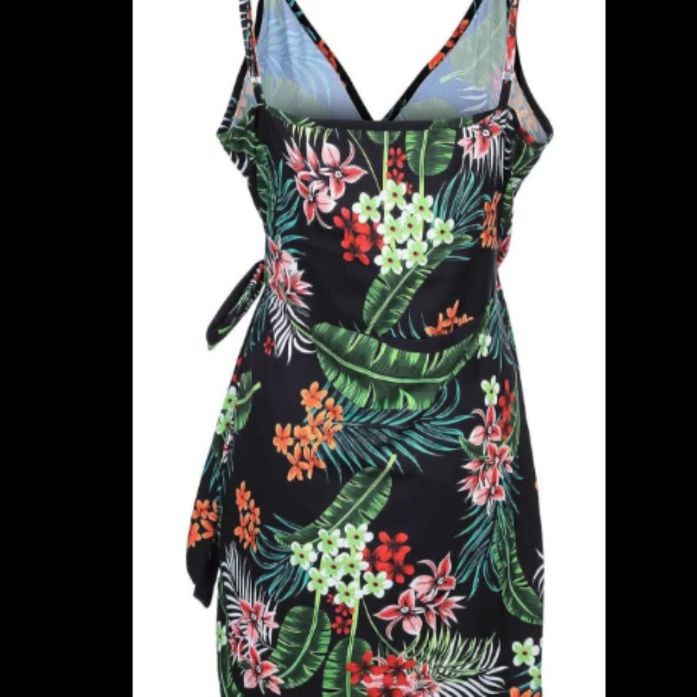 WOMEN'S V NECK SLEEVELESS FLORAL SPAGHETTI STRAP LACE UP DRESS